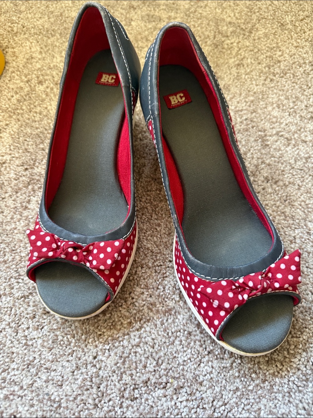 BC Footwear Red Polka Dot Peep-Toe Wedges with Bow